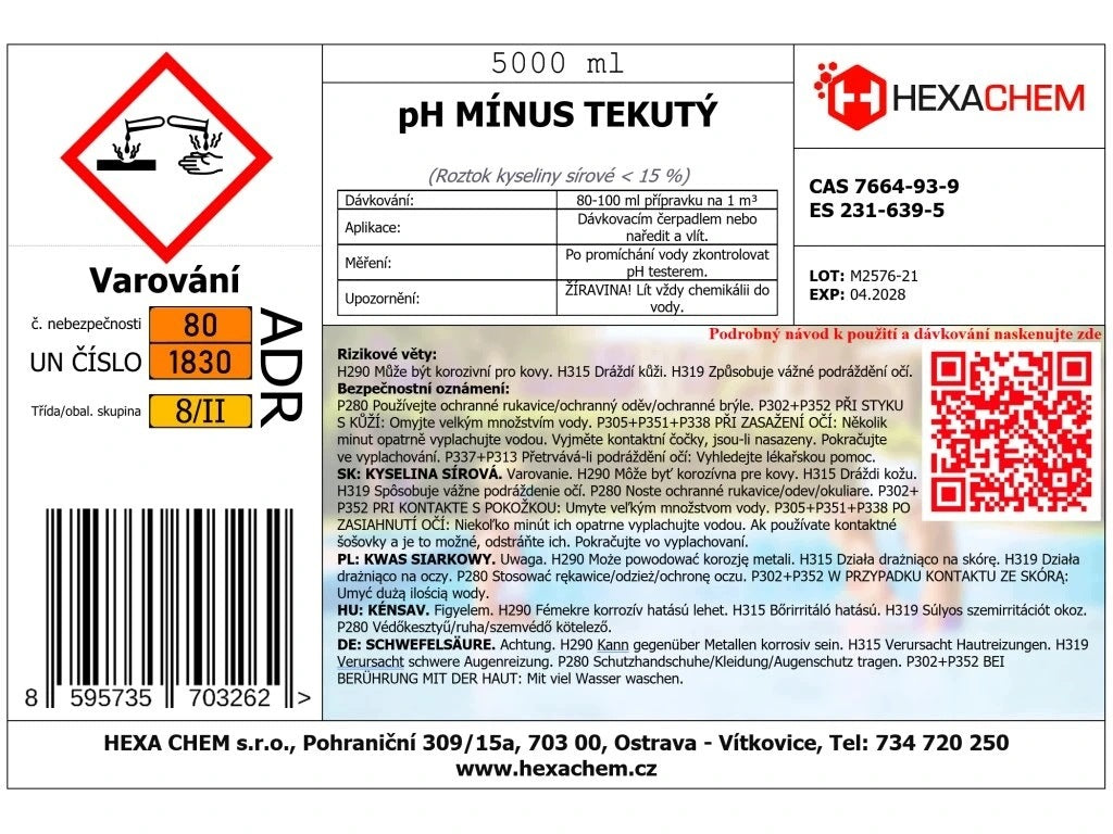 Tekutý pH MÍNUS pro snížení pH bazénové vody - 5000 ml Manufacturer code 455