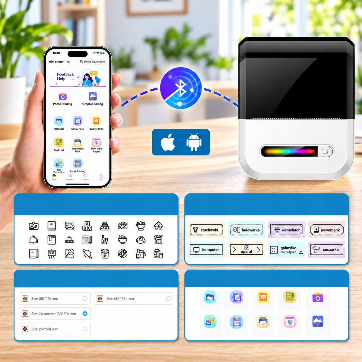 Thermal Printer Label Self Adhesive Stickers Bluetooth USB App Manufacturer code Drukarka termiczna etykiet naklejek U1 biała