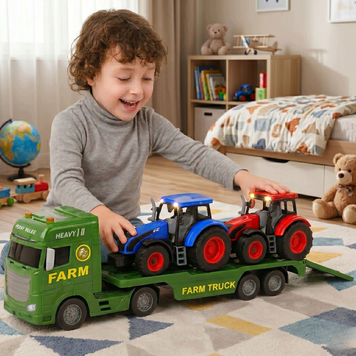 Tir Tow Truck 2x Tractor Large Interactive Toy for Boy Light Sound Manufacturer code Duża laweta z traktorami interaktywy zestaw