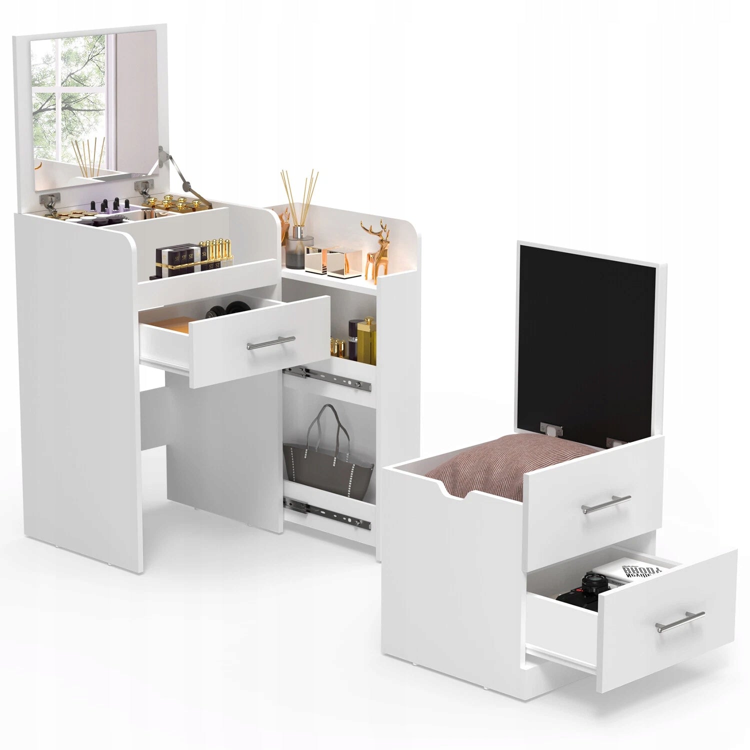 Toaletka Kosmetyczna 2w1 Składany z Lustro + Krzesło - 60x42x122cm Biała
