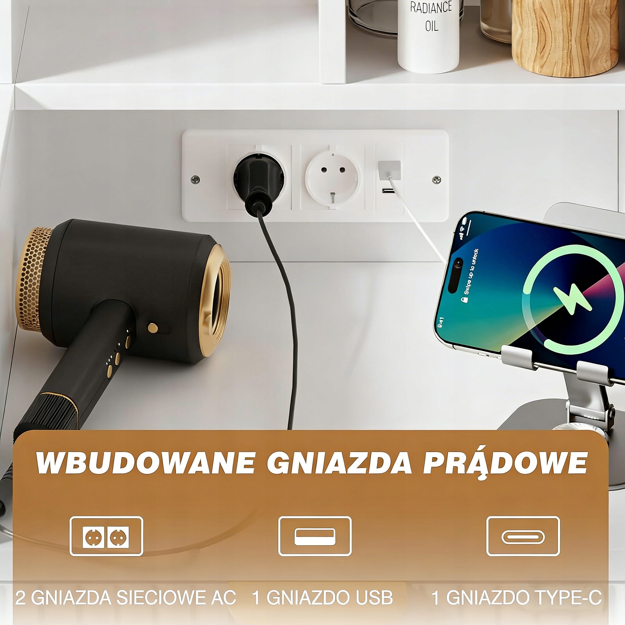 Toaletka Kosmetyczna Ryflowana z Lustrem, LED i Gniazdkami 114x40x149cm Brand HOMALL