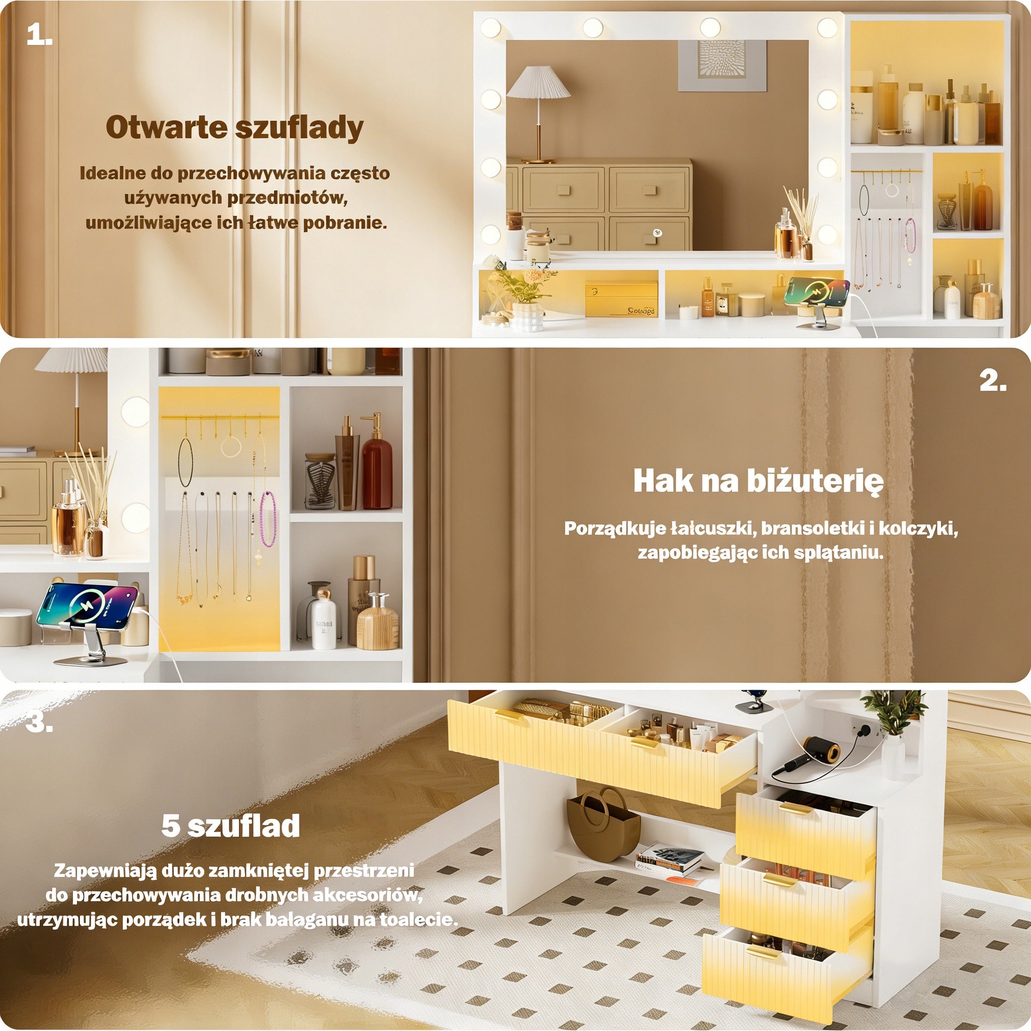 Toaletka Kosmetyczna Ryflowana z Lustrem, LED i Gniazdkami 114x40x149cm Furniture height 149 cm