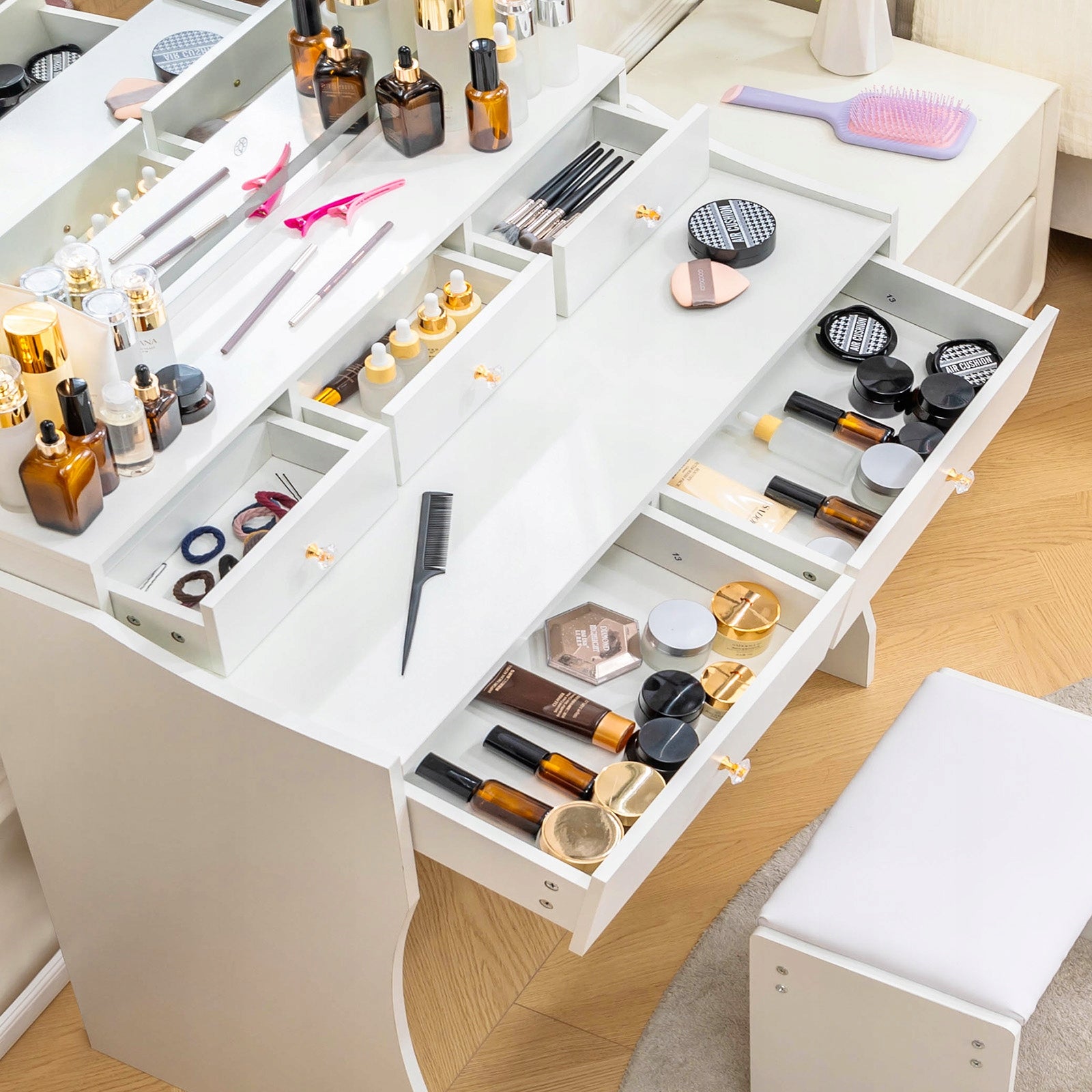 Toaletka, Regulacja Światła LED 3-stopnie z Gniazdo Elektryczne, Biała Furniture height 135 cm