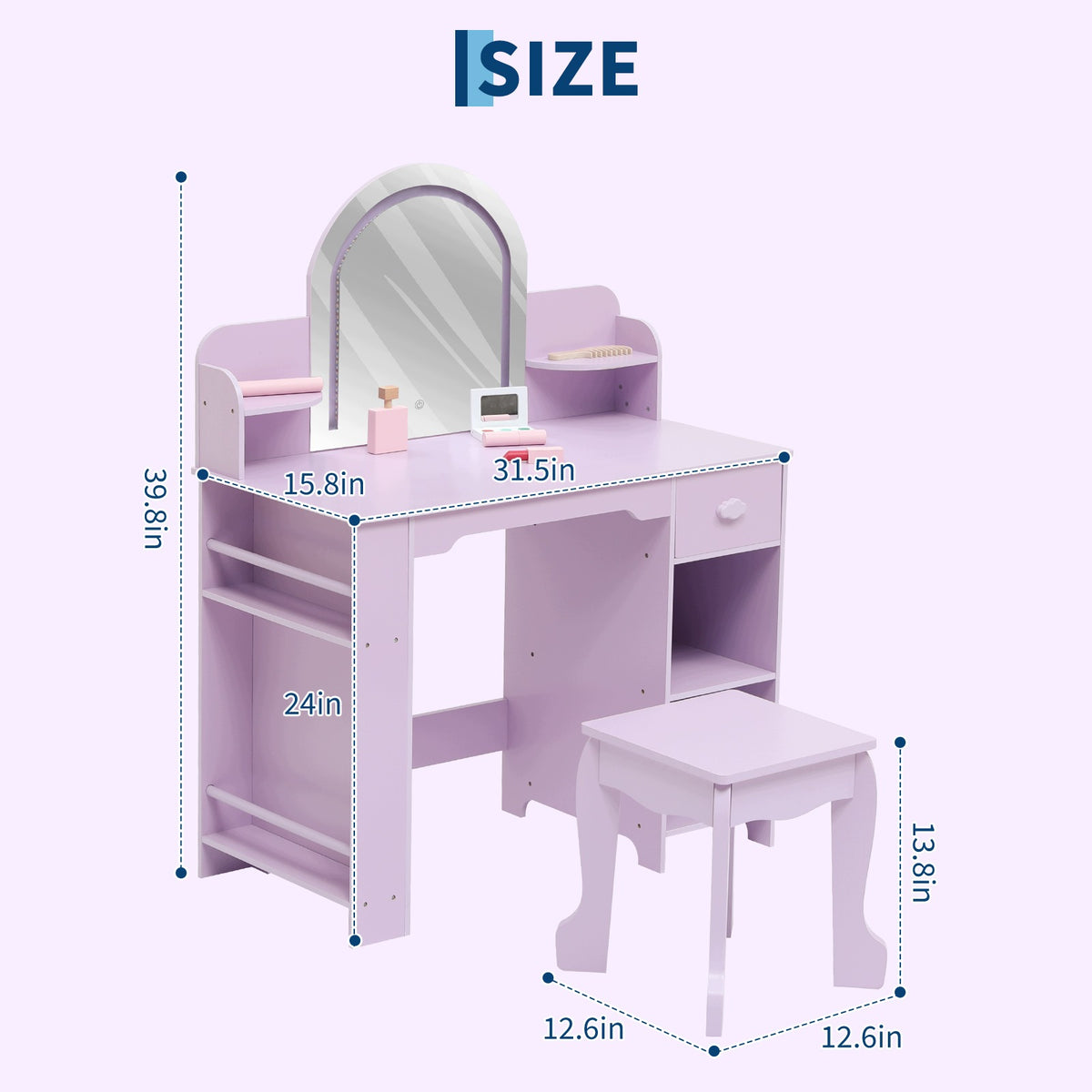 Toaletka dla dziewczynki fioletowa z lustrem LED pufą szufladami dla córki Packaging status original