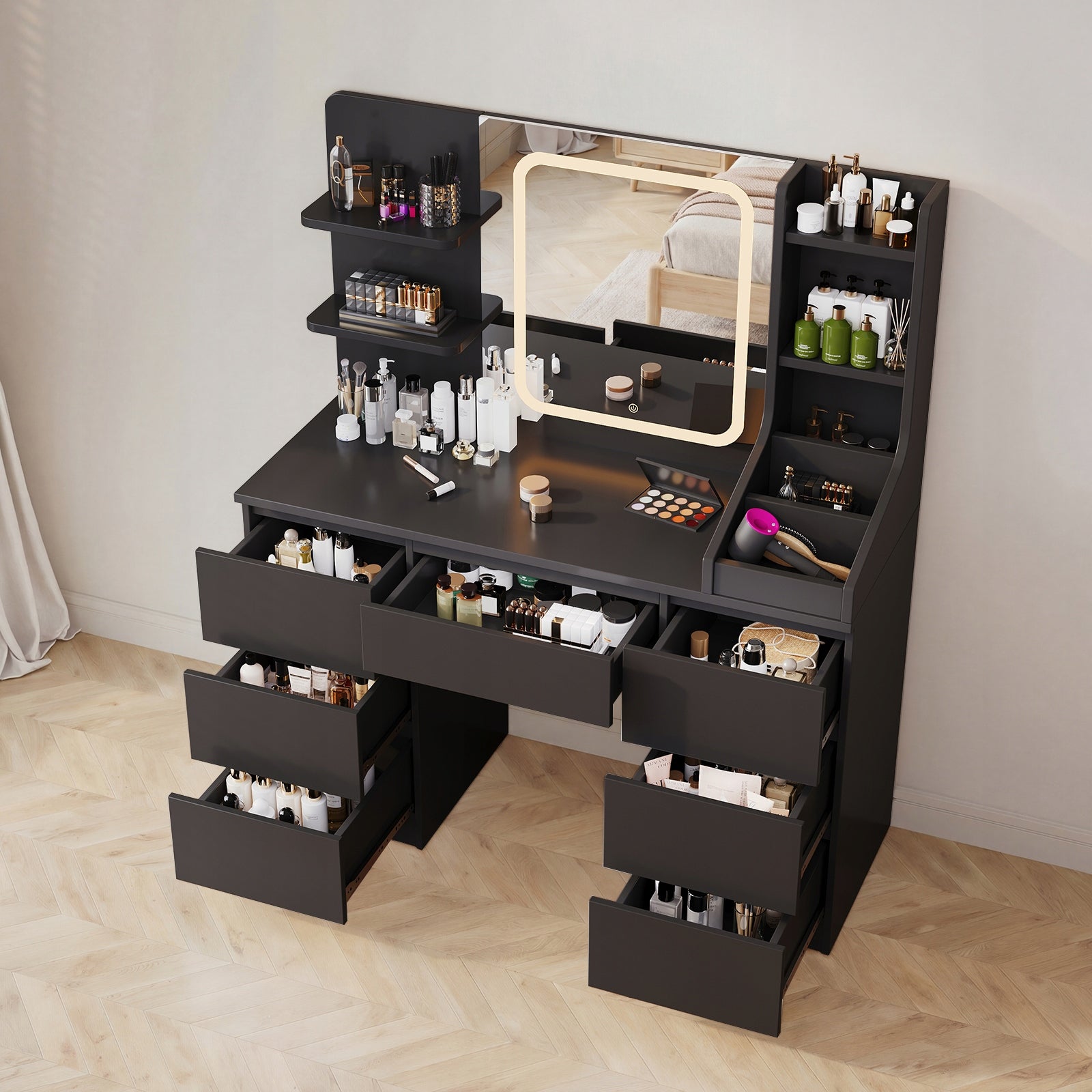 Toaletka kosmetyczna czarna z lustrem LED, z 7 szufladami, 139 x110x 40 cm Furniture color black