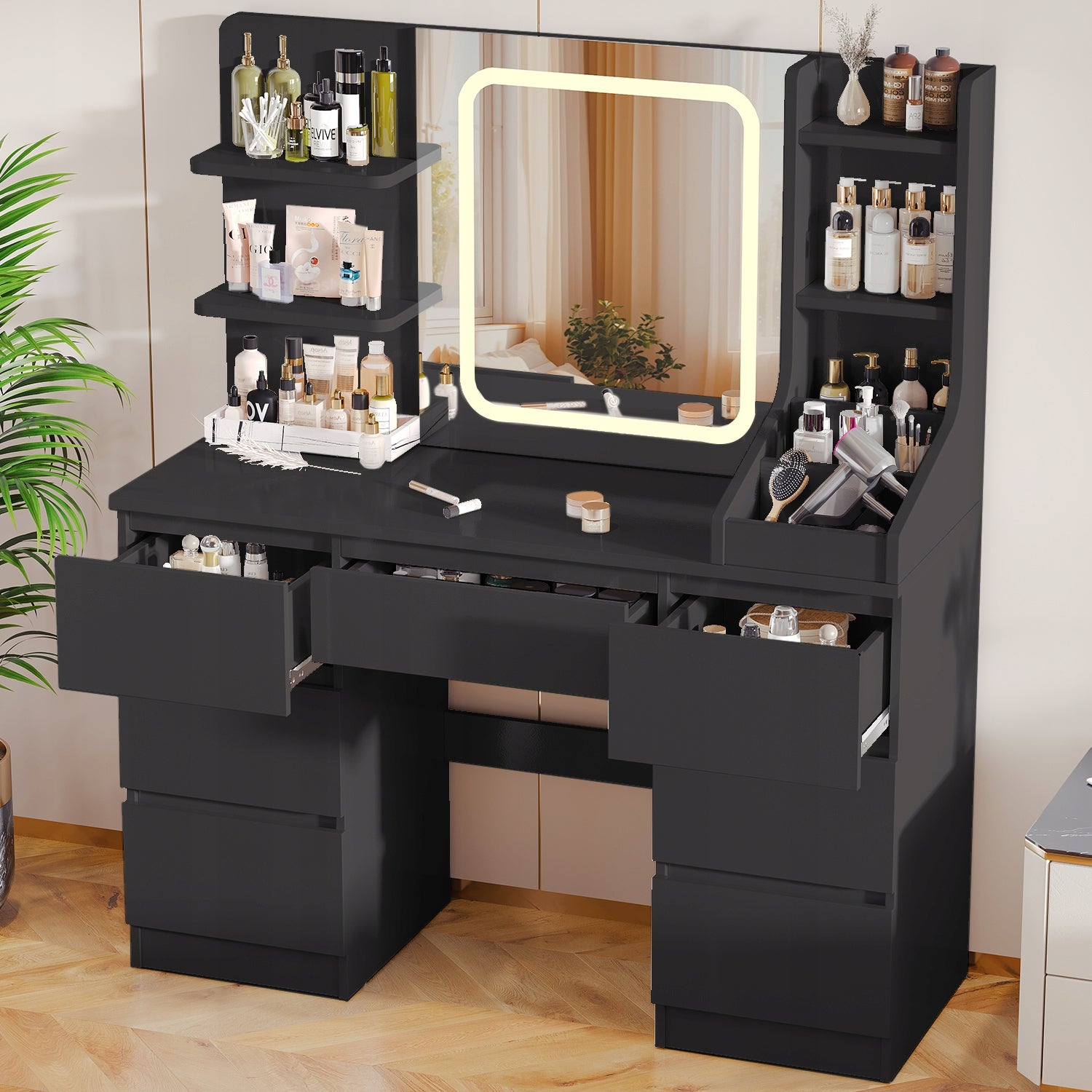 Toaletka kosmetyczna czarna z lustrem LED, z 7 szufladami, 139 x110x 40 cm Manufacturer code 0513A-BK