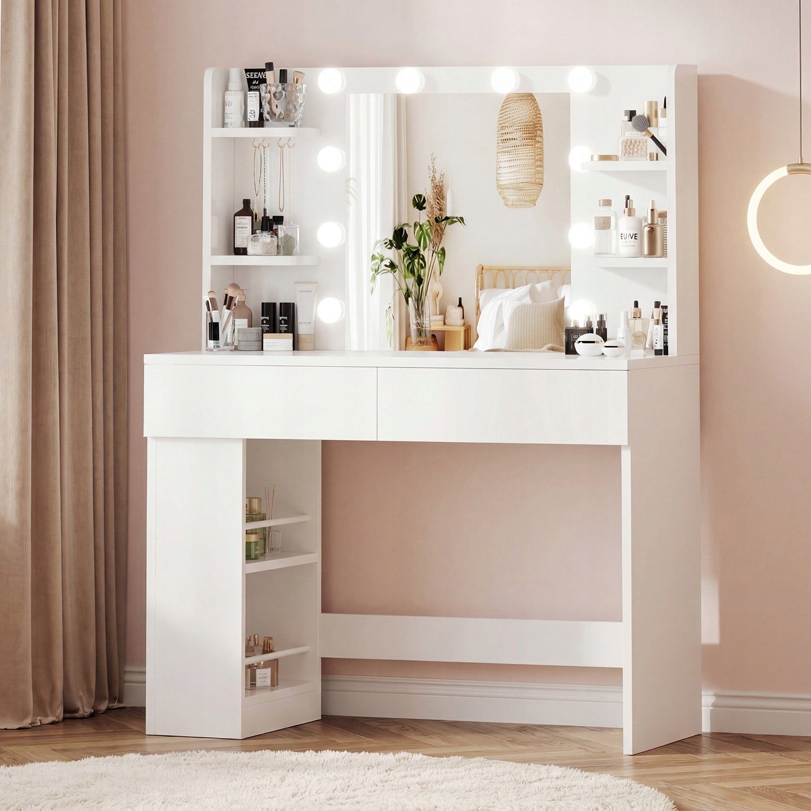 Toaletka kosmetyczna z lustrem LED biała 88 cm, lustro, szuflady USB Furniture depth 40 cm