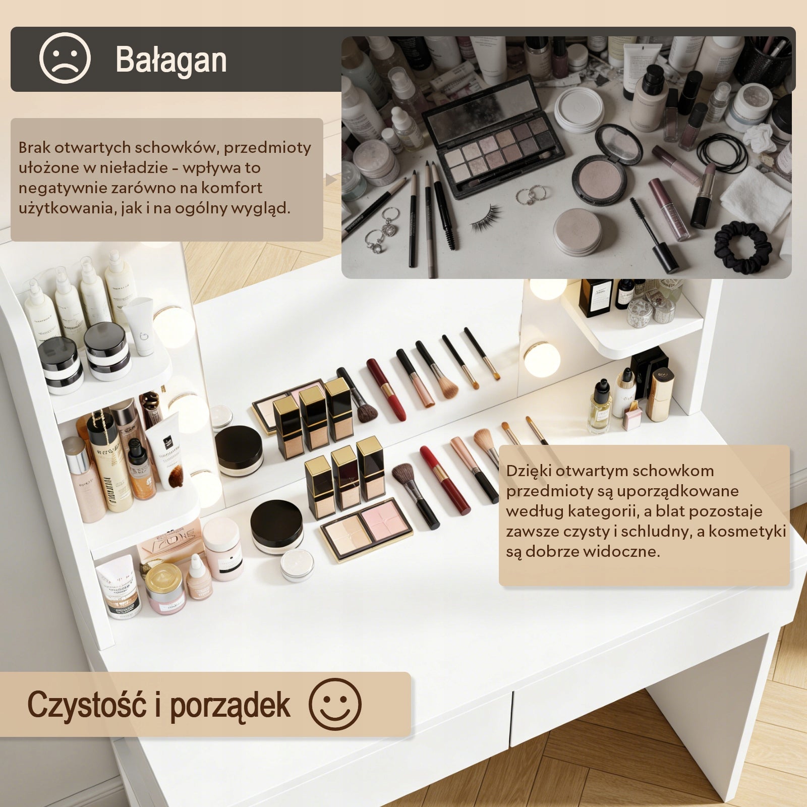 Toaletka kosmetyczna z lustrem LED biała 88 cm, lustro, szuflady USB Furniture height 137 cm
