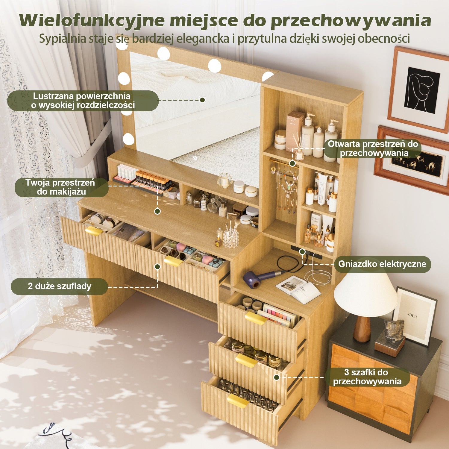 Toaletka kosmetyczna z lustrem LED, gniazdkiem,szufladami, dąb 114x40x149cm Brand HOMALL