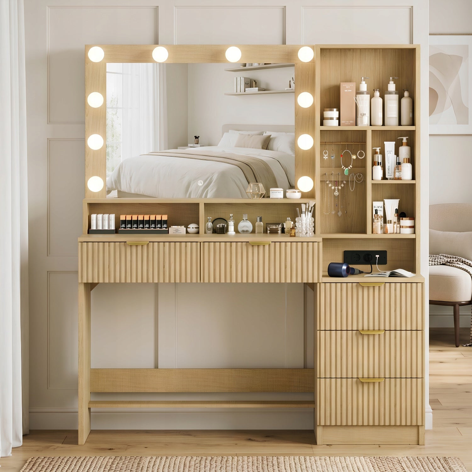 Toaletka kosmetyczna z lustrem LED, gniazdkiem,szufladami, dąb 114x40x149cm Furniture color oak
