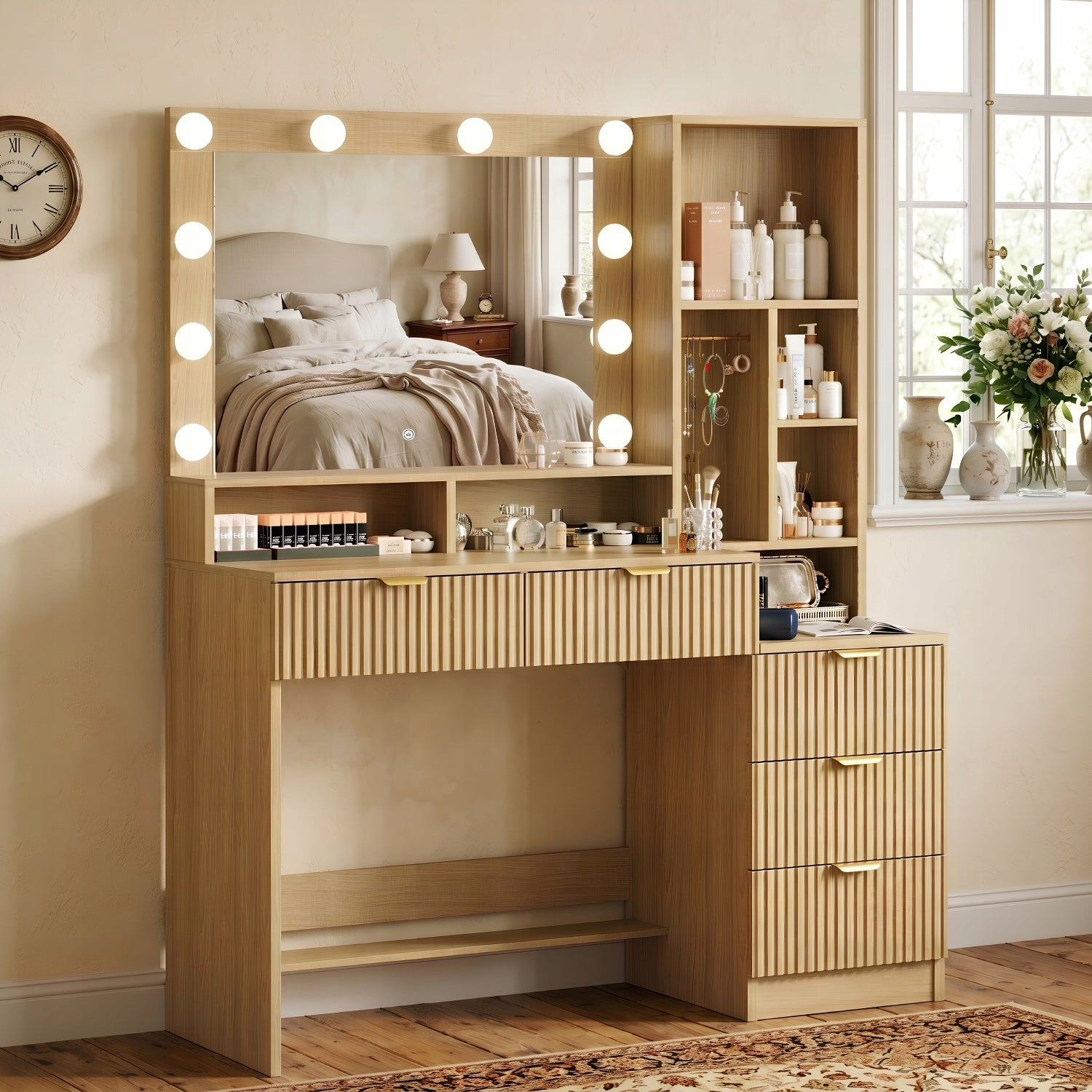 Toaletka kosmetyczna z lustrem LED, gniazdkiem,szufladami, dąb 114x40x149cm Furniture height 149 cm