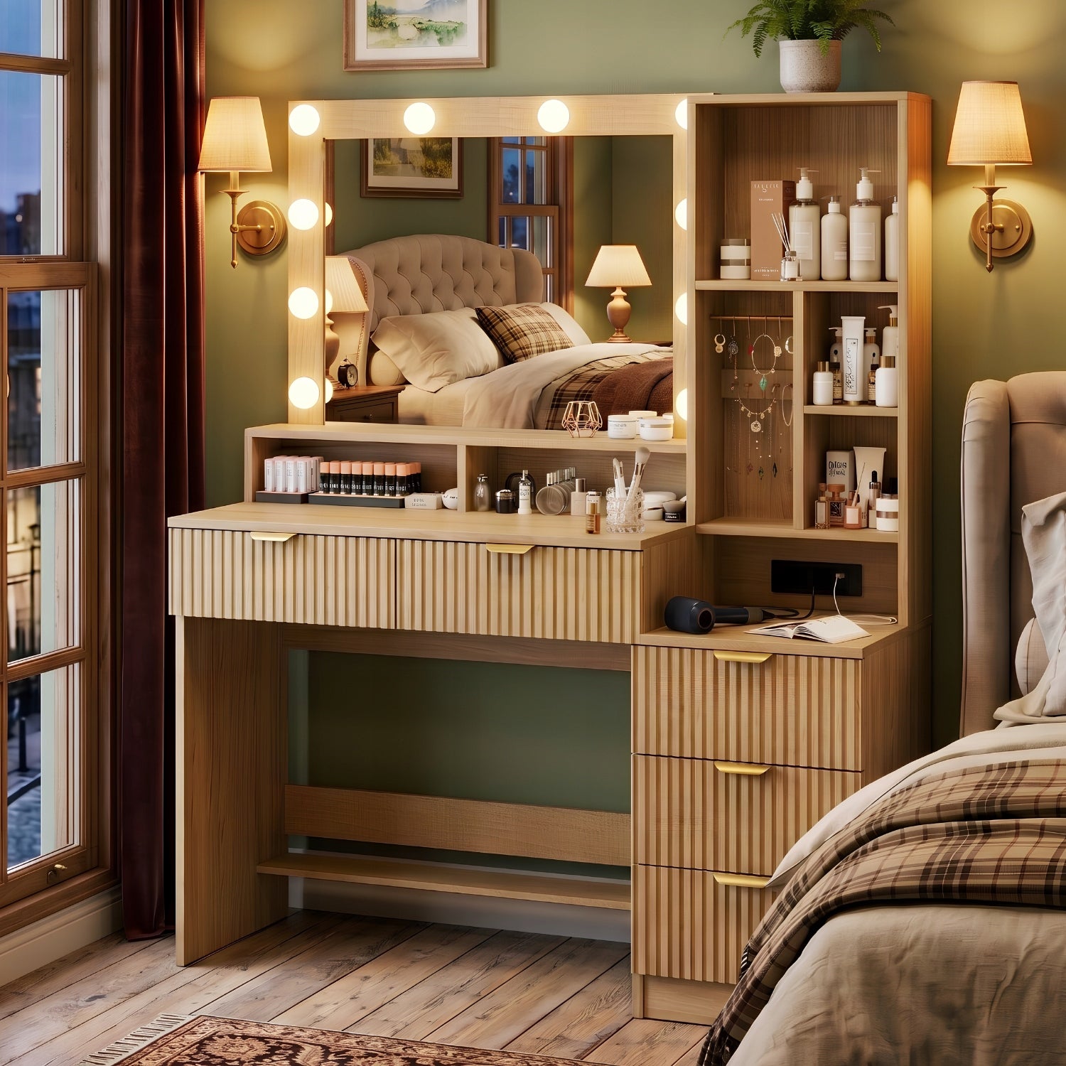 Toaletka kosmetyczna z lustrem LED, gniazdkiem,szufladami, dąb 114x40x149cm Furniture width 40 cm