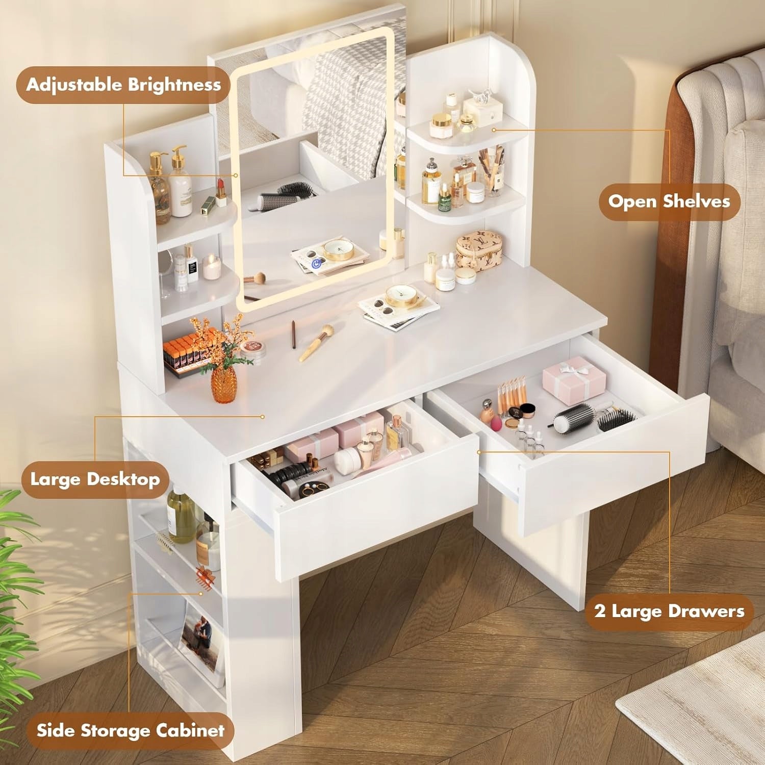 Toaletka z lustrem z oświetleniem LED, wyposażona w szuflady i półki40x90cm Furniture width 90 cm