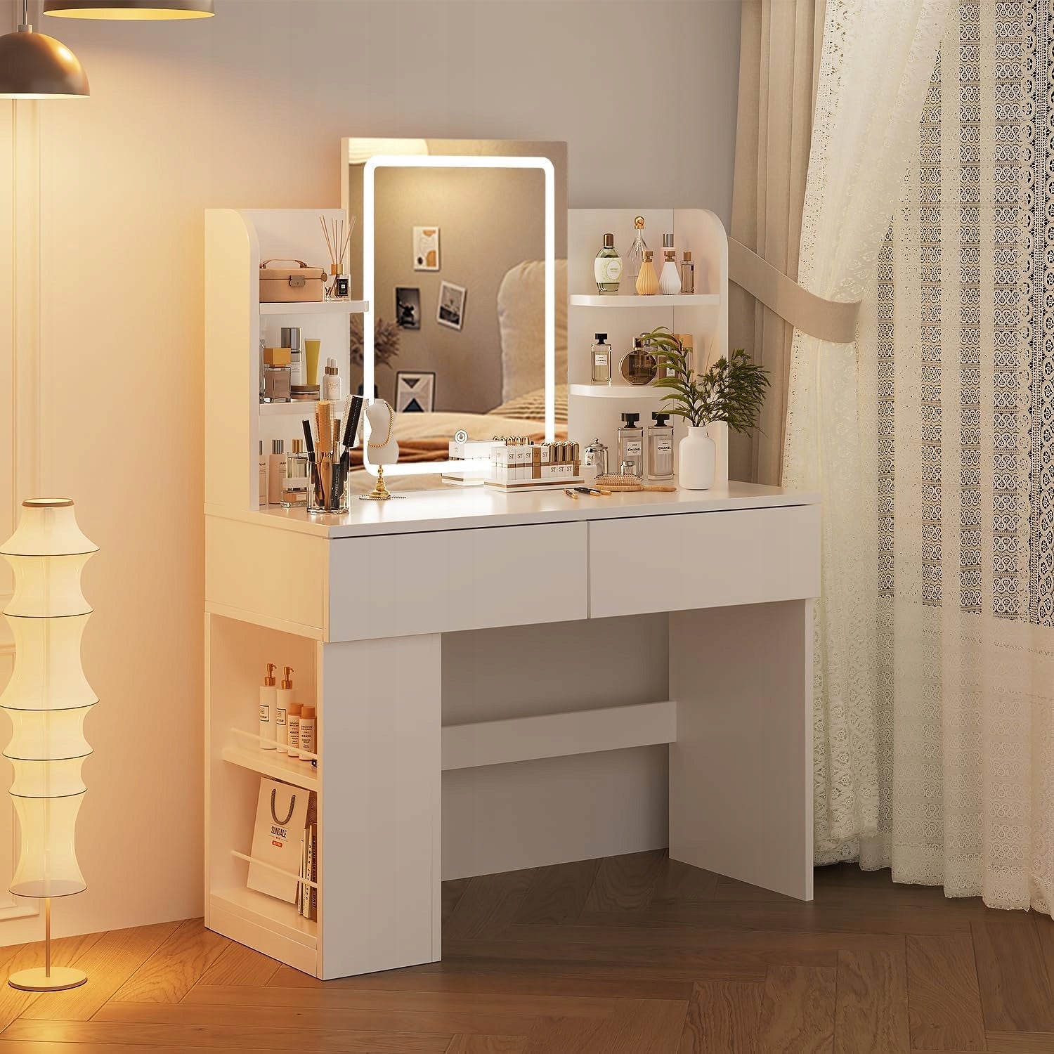 Toaletka z lustrem z oświetleniem LED, wyposażona w szuflady i półki40x90cm Material MDF board