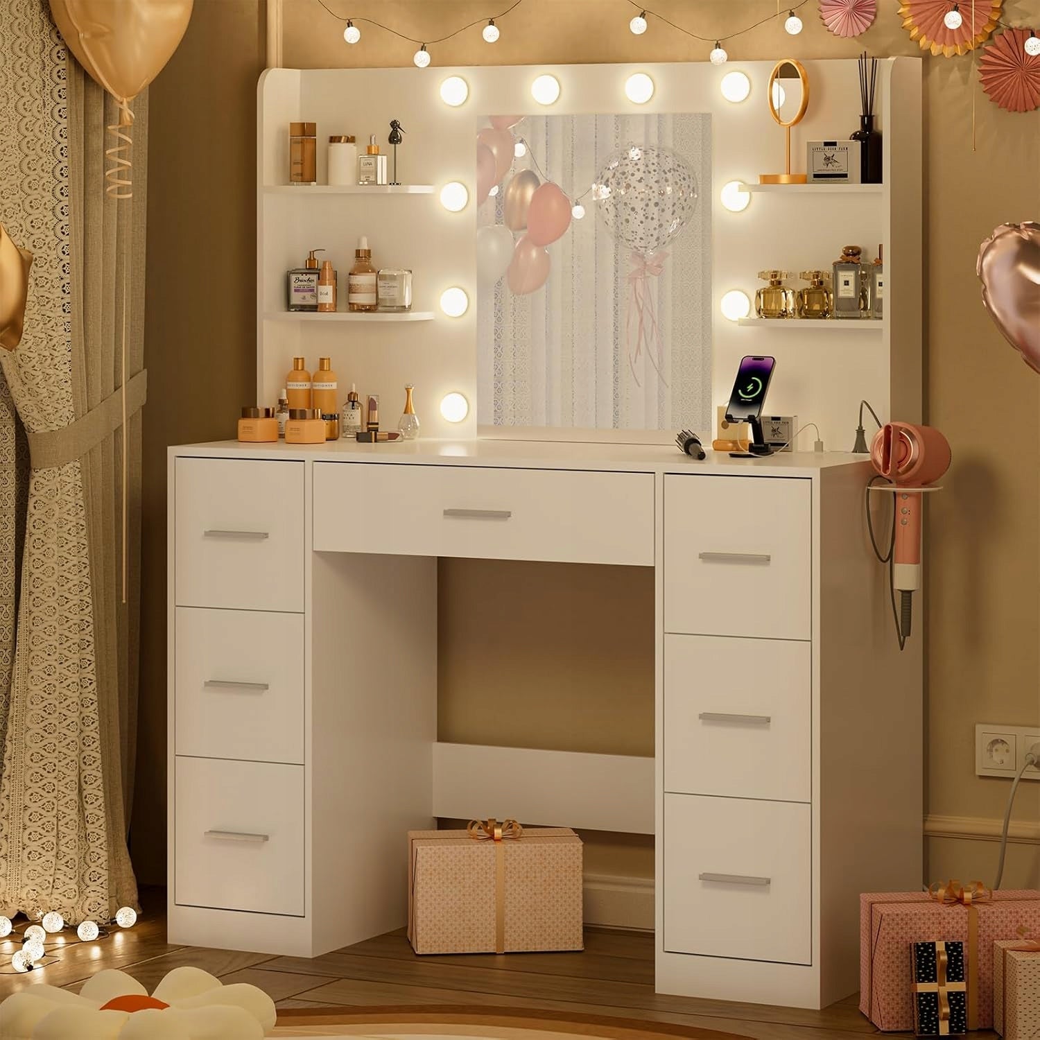 Toaletki z Portami USB, Uchwytem Na Suszarkę i Diodami LED– Praktyczny Furniture color white