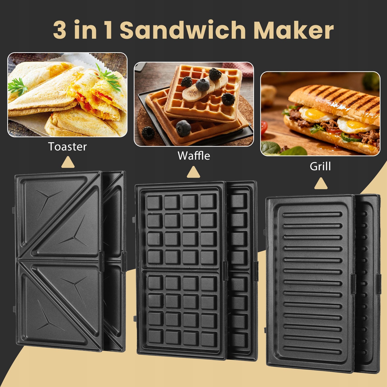 Toaster Aigostar Waffle Iron Toaster for Sandwiches 3in1 Black 750W Packaging status original