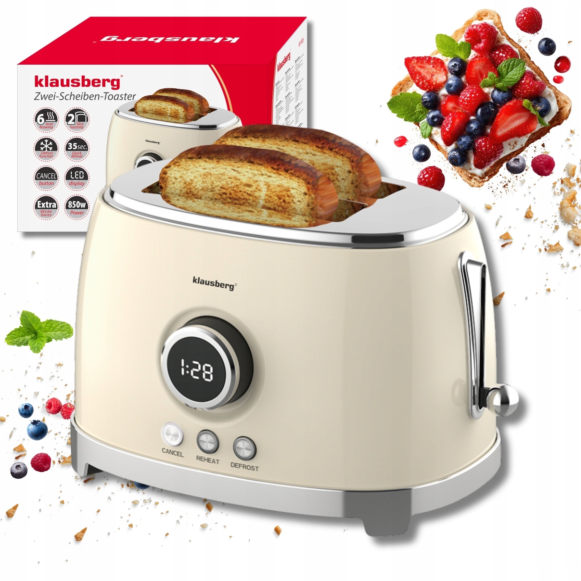 Toaster for 2 LED slices 850W defrosting Toast toaster KLAUSBERG KB-9026