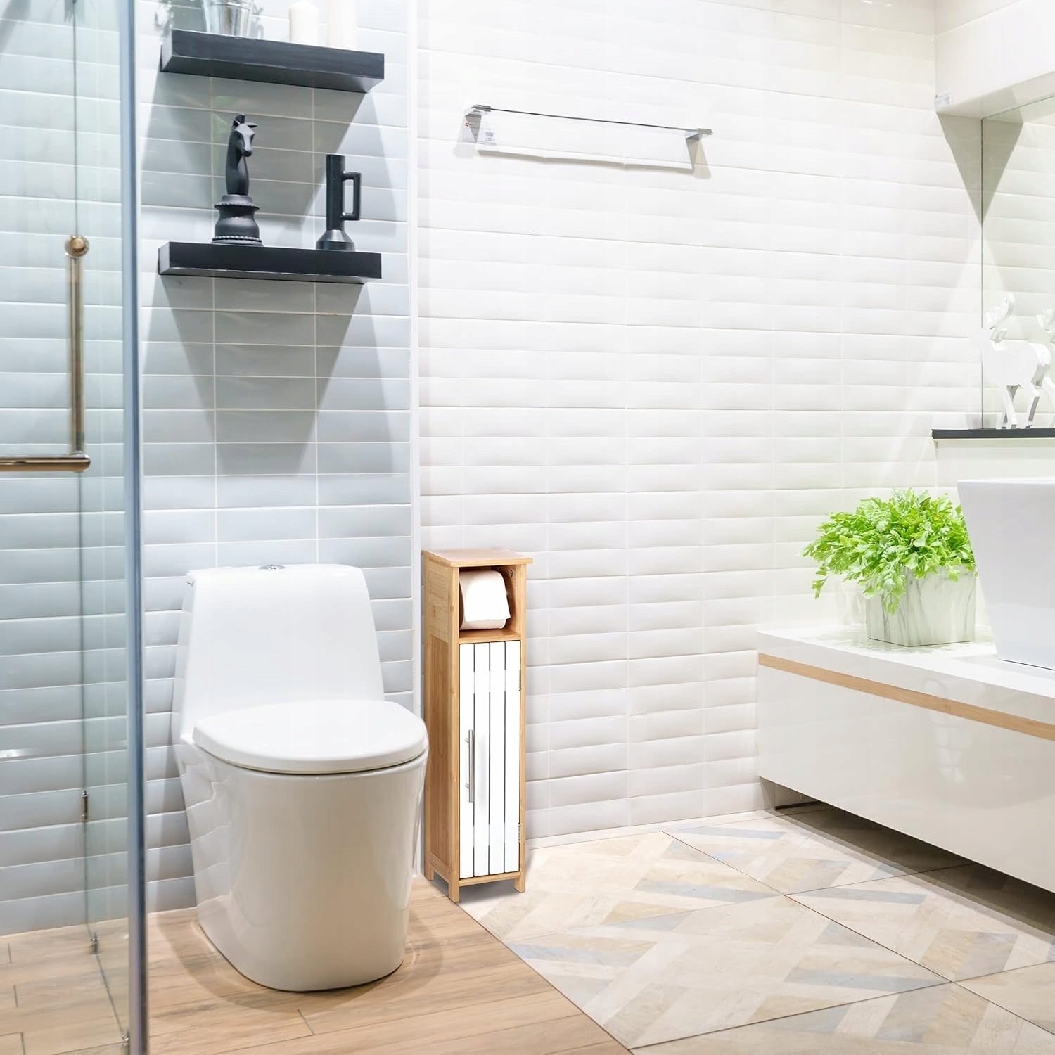 Toilet paper stand cabinet 71x18x20 cm bamboo white modern Manufacturer code stojak papier toaletowy szafka bambus bialy