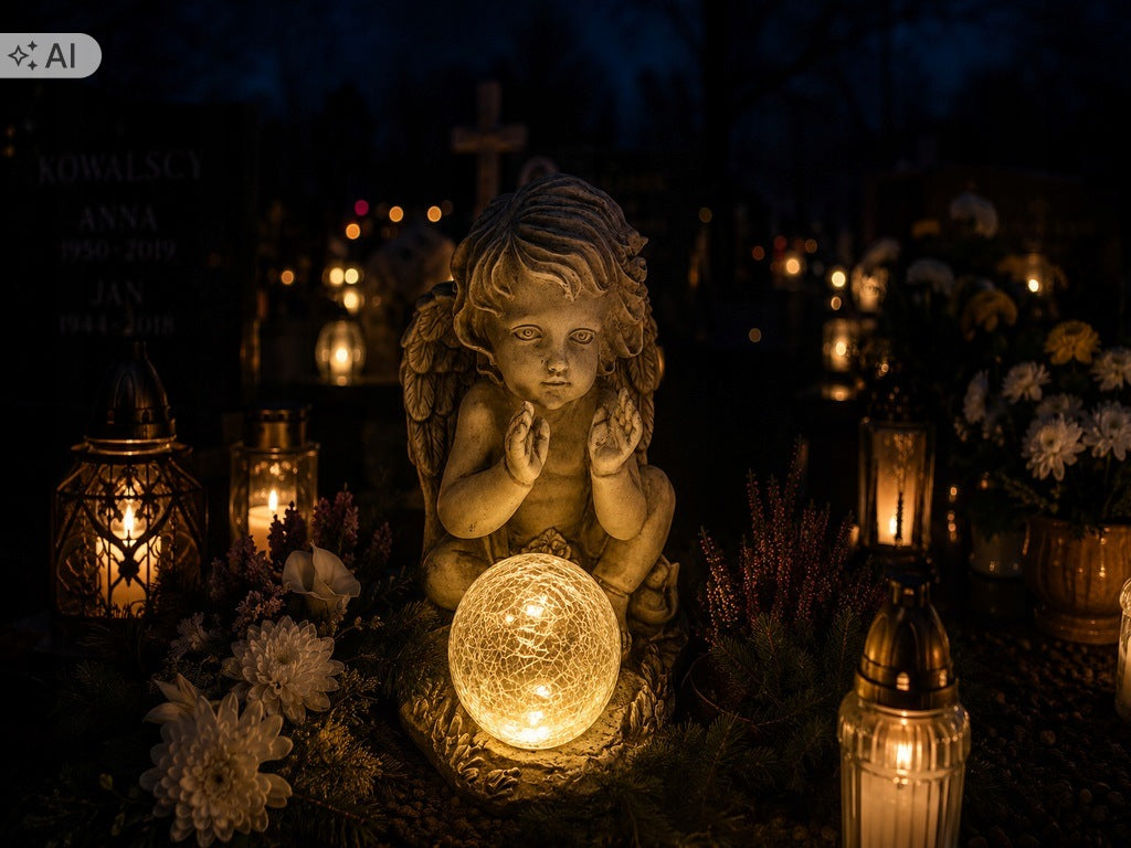 Tombstone Figurine LED Snitch Angel LARGE Solar BALL for grave glowing 23,5 cm Product height 23.5 cm