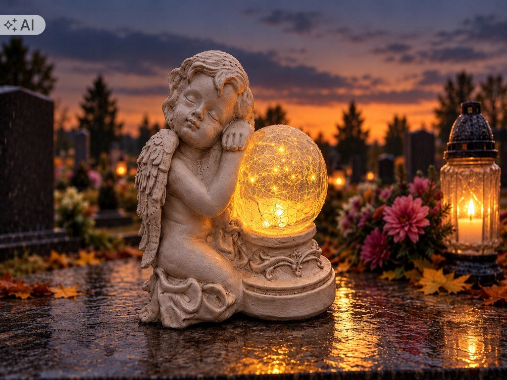 Tombstone Figurine Snitch LED Angel LARGE Solar BALL for grave glowing 17 cm Packaging status original