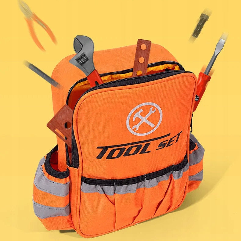 Tool set in backpack WORKSHOP TOOLS BACKPACK HELMET DRILL SAW Color orange