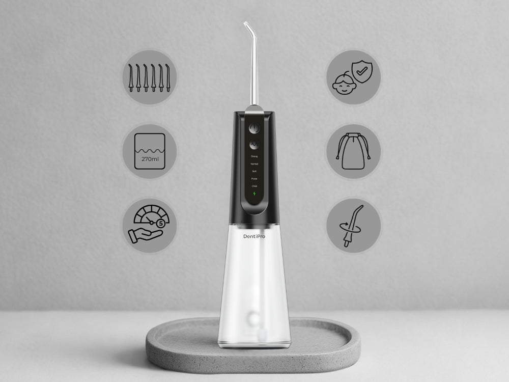 Tooth Irrigator DentiPro 5 Modes + 6 Nozzles - Wireless and Dental Power supply rechargeable battery