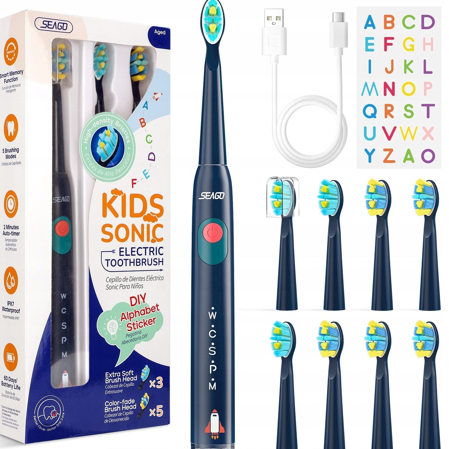 Toothbrush for children 6-12 , SEAGO set of up to 8 tips blue