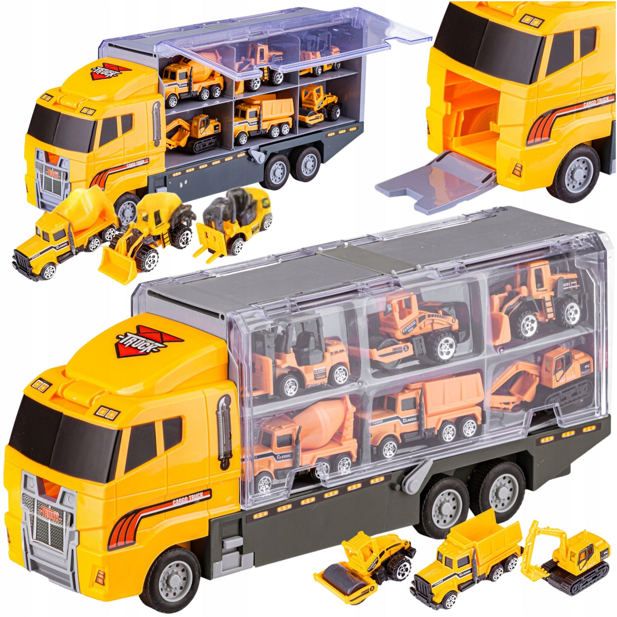 Tow Truck Transporter Set of 6 Cars Construction Vehicles Metal XL