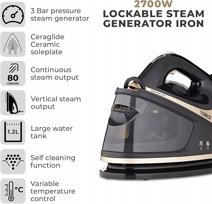 Tower T22023GLD iron steam station CeraGlide 1,2 l 2700W champagne black Manufacturer code 5056462381381