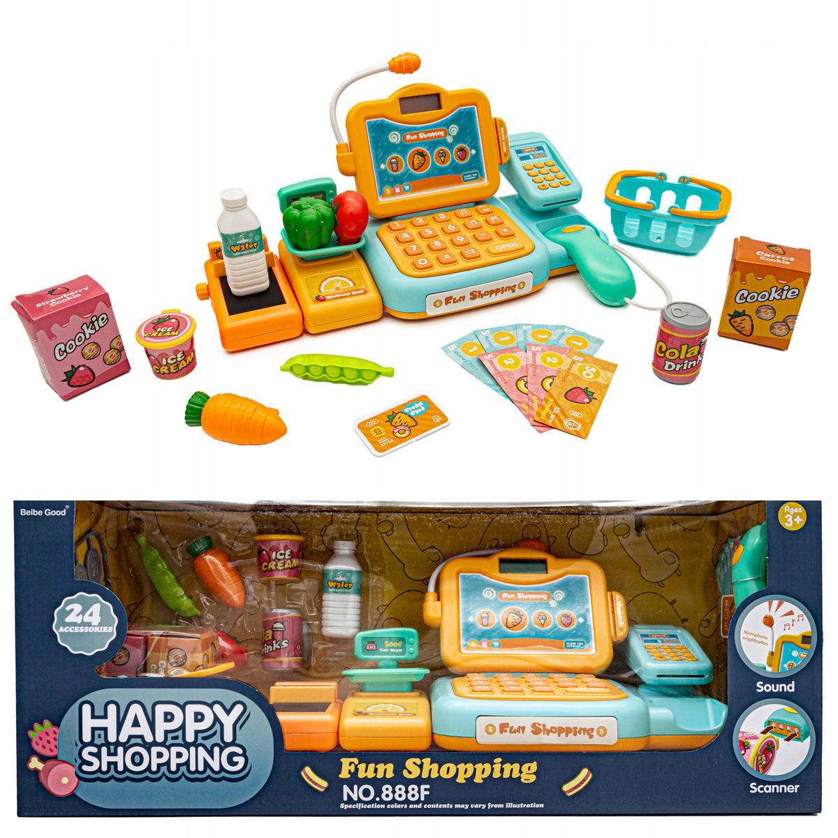 Toy Cash Register Fiscal FUN in SHOP Basket Weight Coin Code Reader
