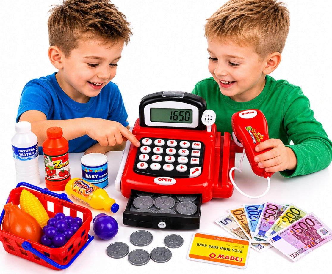 Toy Cash Register Shop Code Scanner Microphone Basket with Products