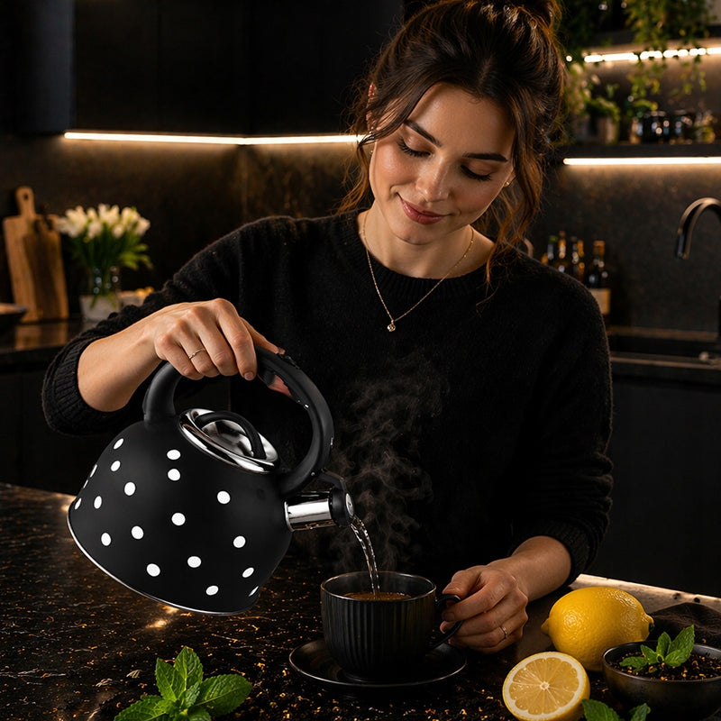 Traditional Steel GAS Kettle WIRELESS ENAMEL 2,5L BLACK DOTS Brand Hauspremium