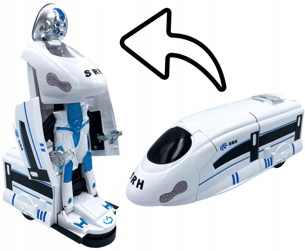 Train robot transforms lights rides pendolino glowing on batteries