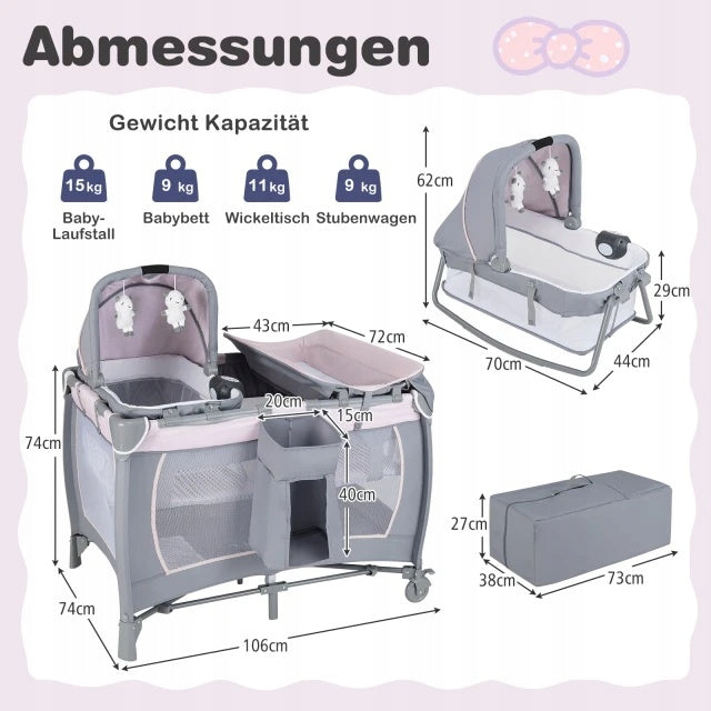 Travel Cot 5in1 Playpen Cradle Changing Table Violet
