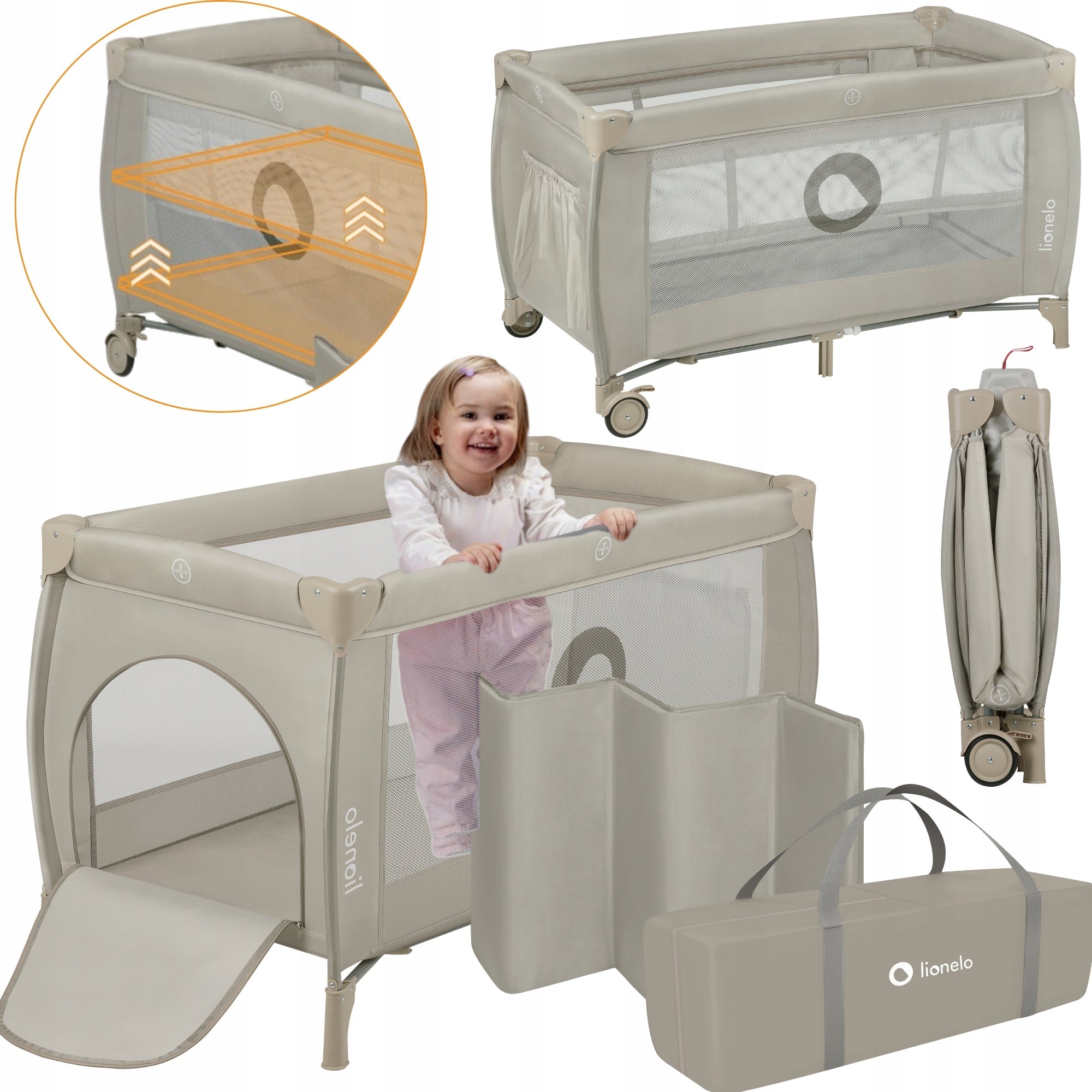 Travel cot TWO-LEVEL playpen + mattress Lionelo Stefi +
