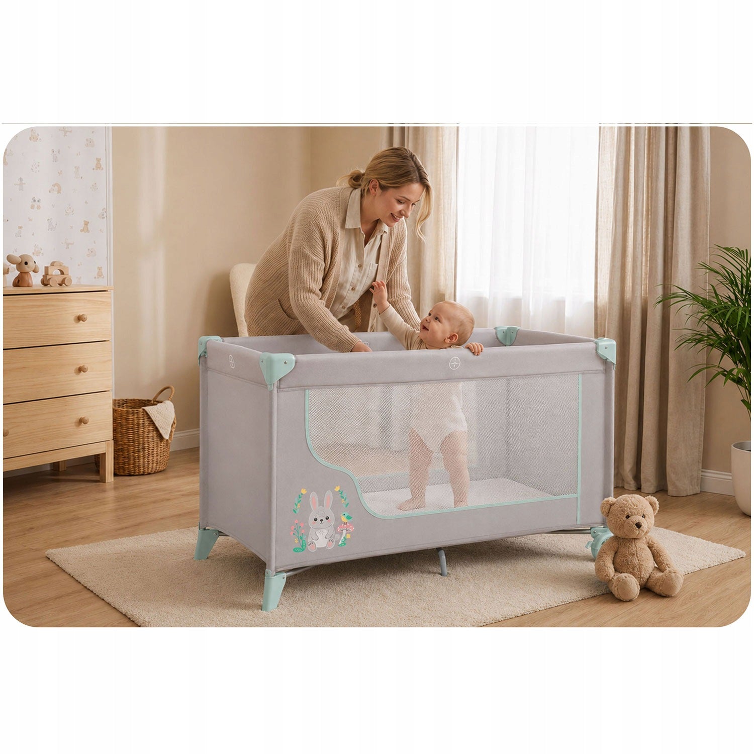 Travel cot + mattress + bag 123,5 x 64 x 76 cm RK-240 grey-mi Brand RicoKids
