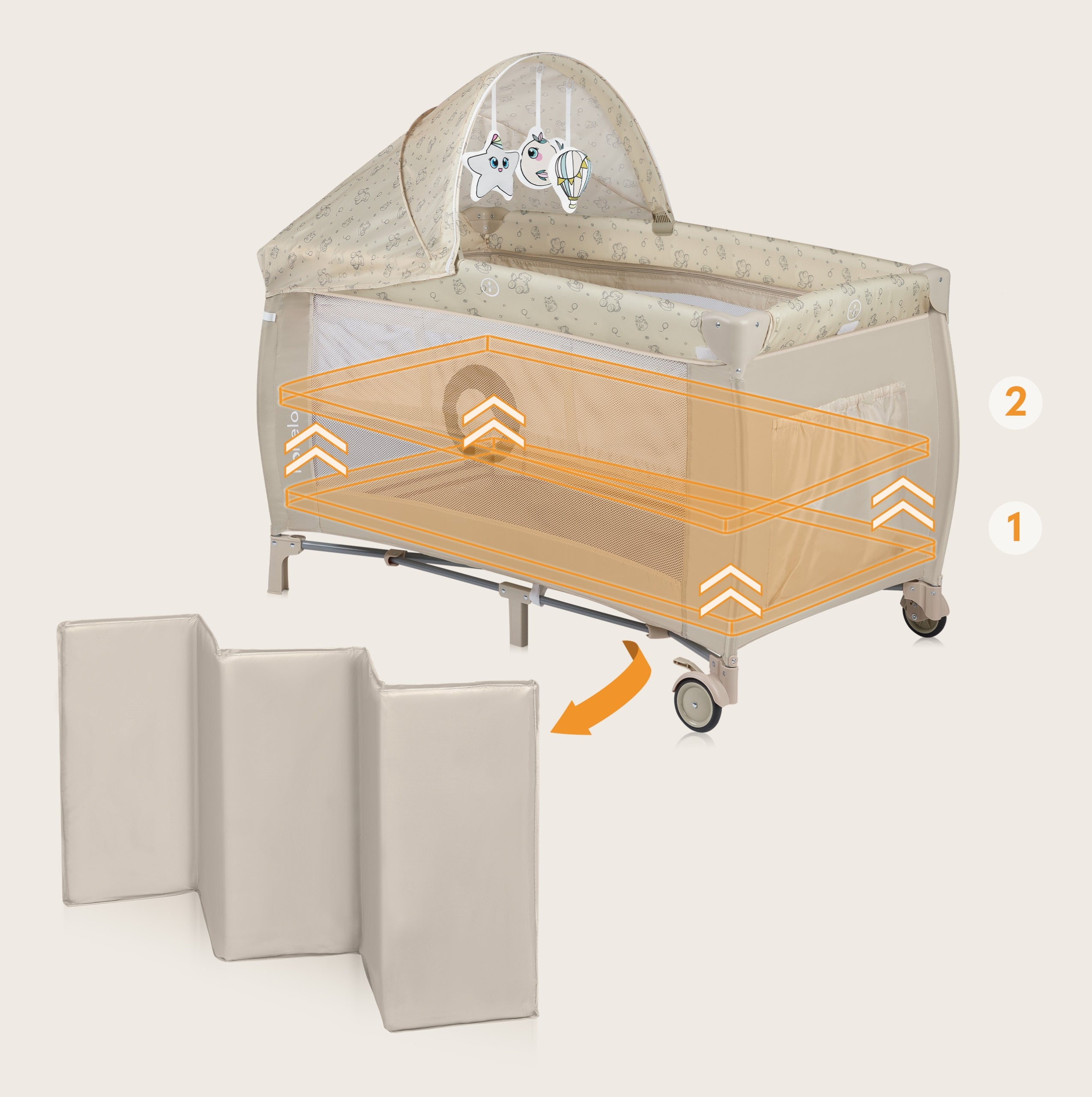 Travel cot playpen Lionelo LO-SVEN PLUS BEIGE LATTE Manufacturer code Łóżeczko turystyczne dwupoziomowe + akcesoria