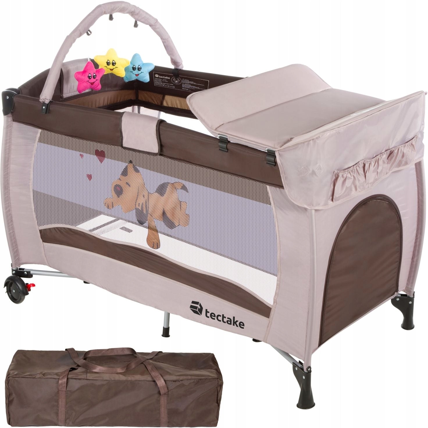 Travel cot tectake for children with changing table, 2 levels, brown