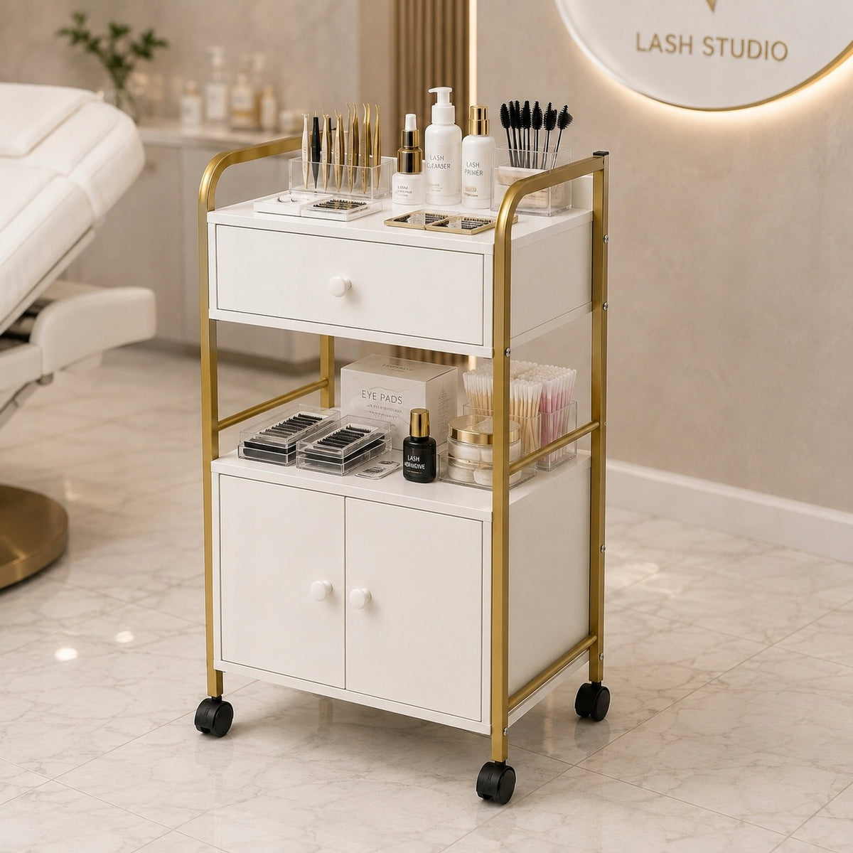 Trolley Cosmetic Helper on Wheels Cabinet Drawer Gold