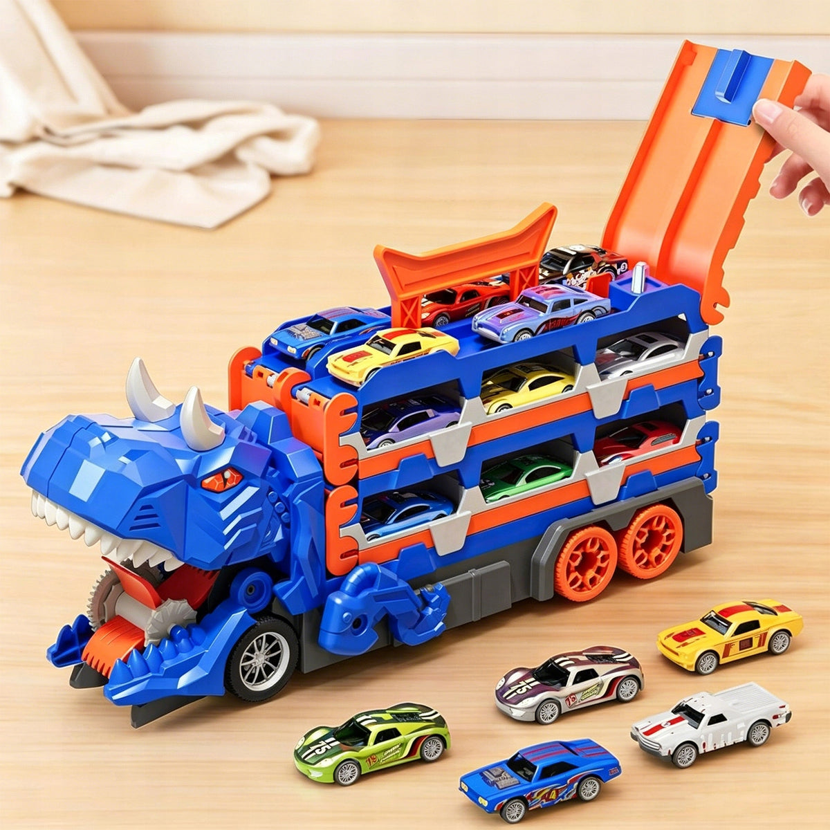Truck TIR Transporter Tow Truck RACING TRACK XXL Dinosaur + 6 CARS Minimum kid's age 3