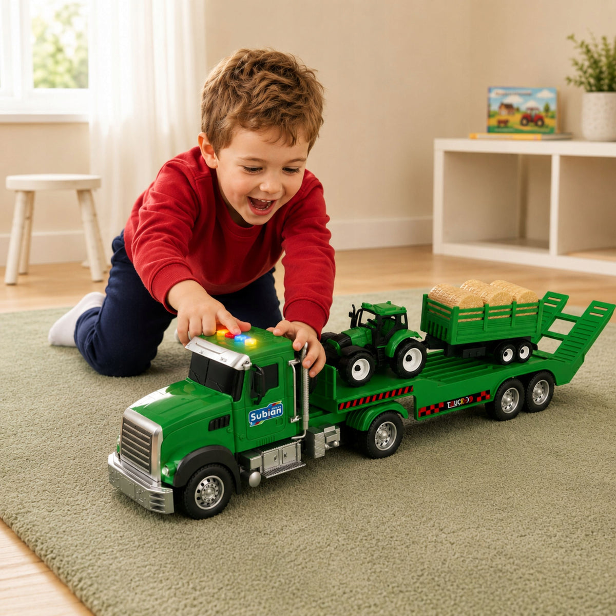 Truck TRUCK TOW TRUCK WITH TRACTOR WAGON WITH HAY EFFECTS Light Sound Manufacturer code laweta z traktorem sianem na dzień dziecka