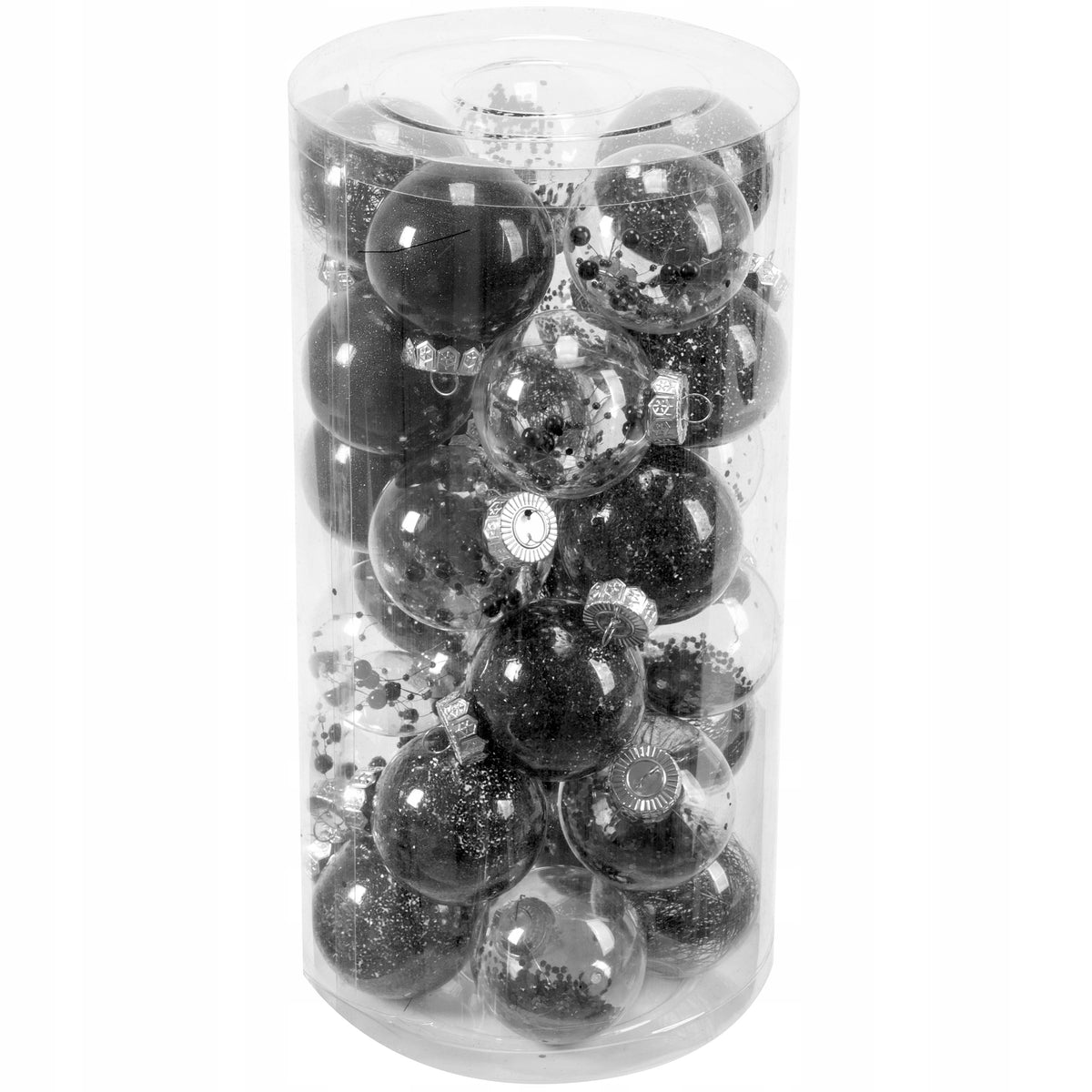 UNBREAKABLE CHRISTMAS TREE BAUBLES BLACK TRANSPARENT GLITTER SET 30pcs XXL Brand Tutumi