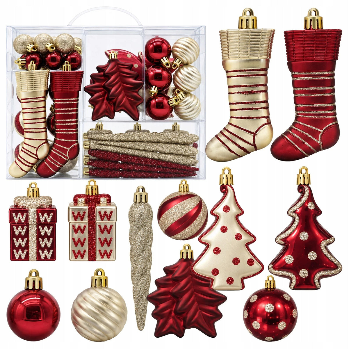 UNBREAKABLE CHRISTMAS TREE BAUBLES SET OF 38 PCS RED GOLD ORNAMENTS Brand no brand