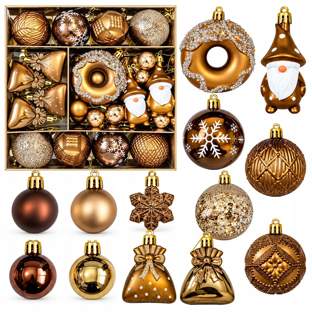 UNBREAKABLE CHRISTMAS TREE BAUBLES SET OF 60 GOLD BROWN ORNAMENTS Brand no brand