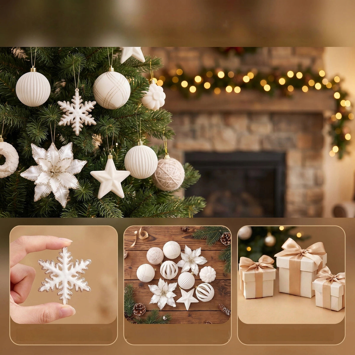 UNBREAKABLE CHRISTMAS TREE VELOUR BAUBLES SET 38pcs ORNAMENTS WHITE Packaging status original