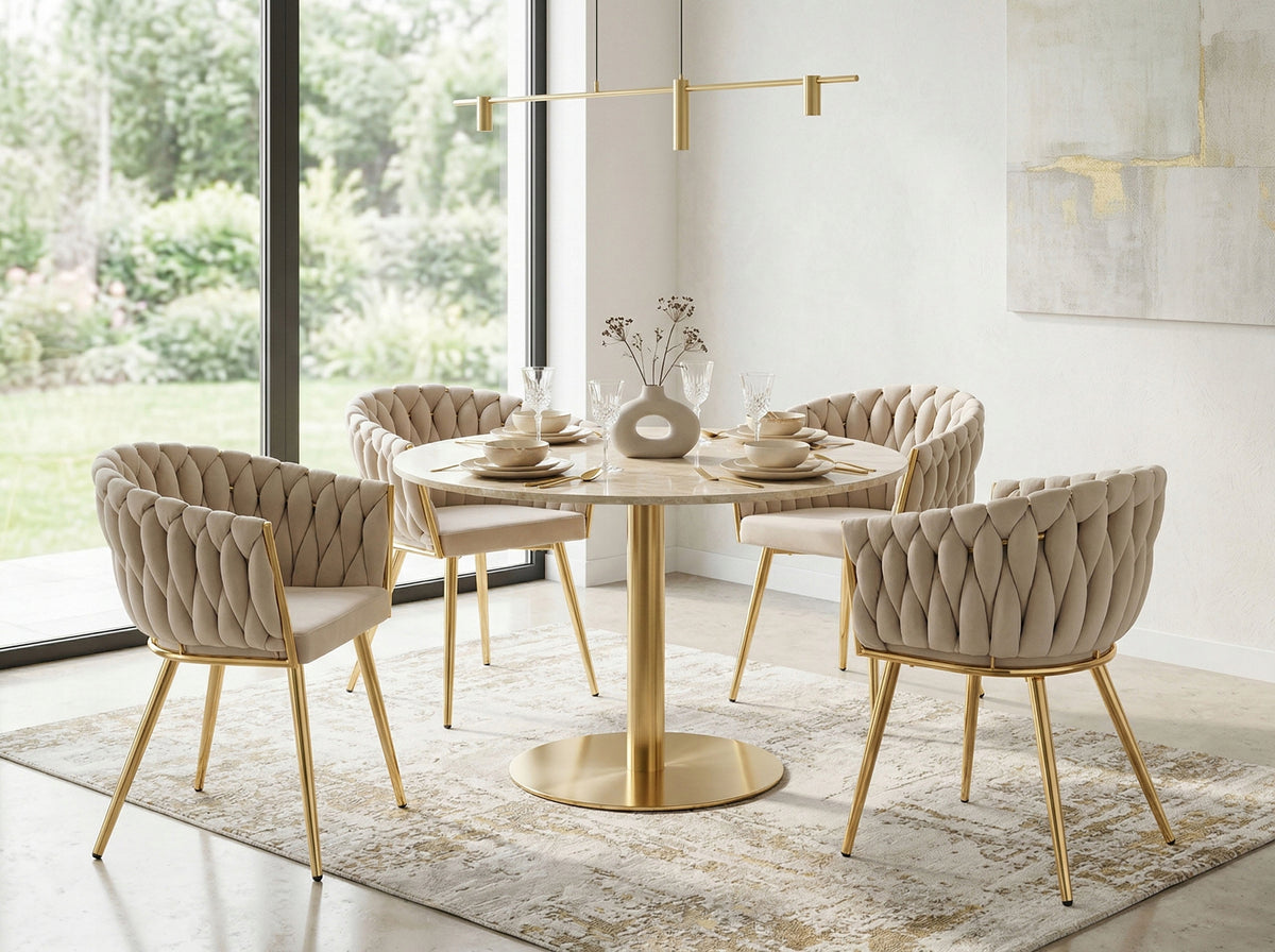 UPHOLSTERED CHAIR FOR DINING ROOM BEIGE VELOUR GLAMOUR GOLD LEGS Packaging status original