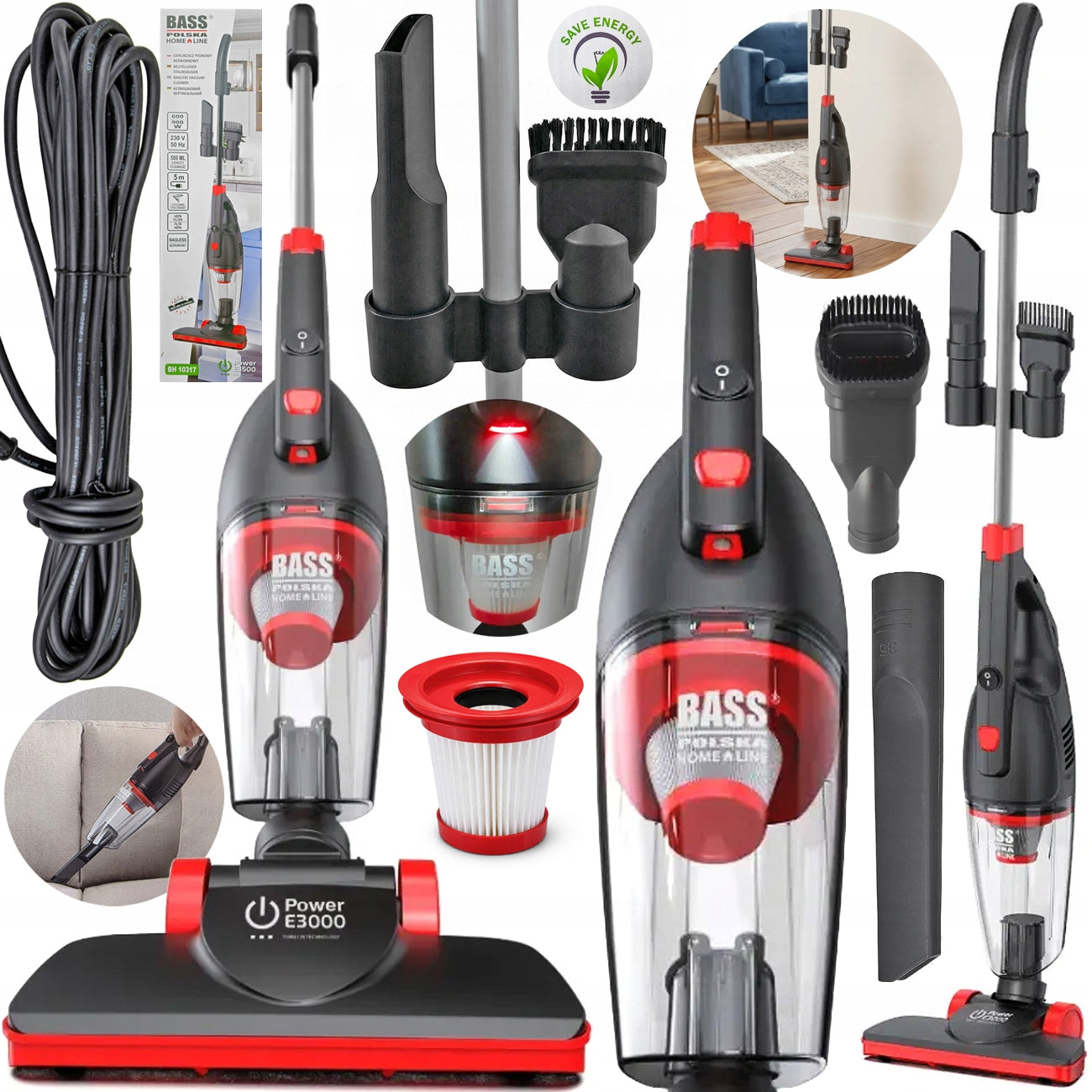 UPRIGHT VACUUM CLEANER BAGLESS ELECTRIC LED LIGHT LONG CORD 5M 3IN1