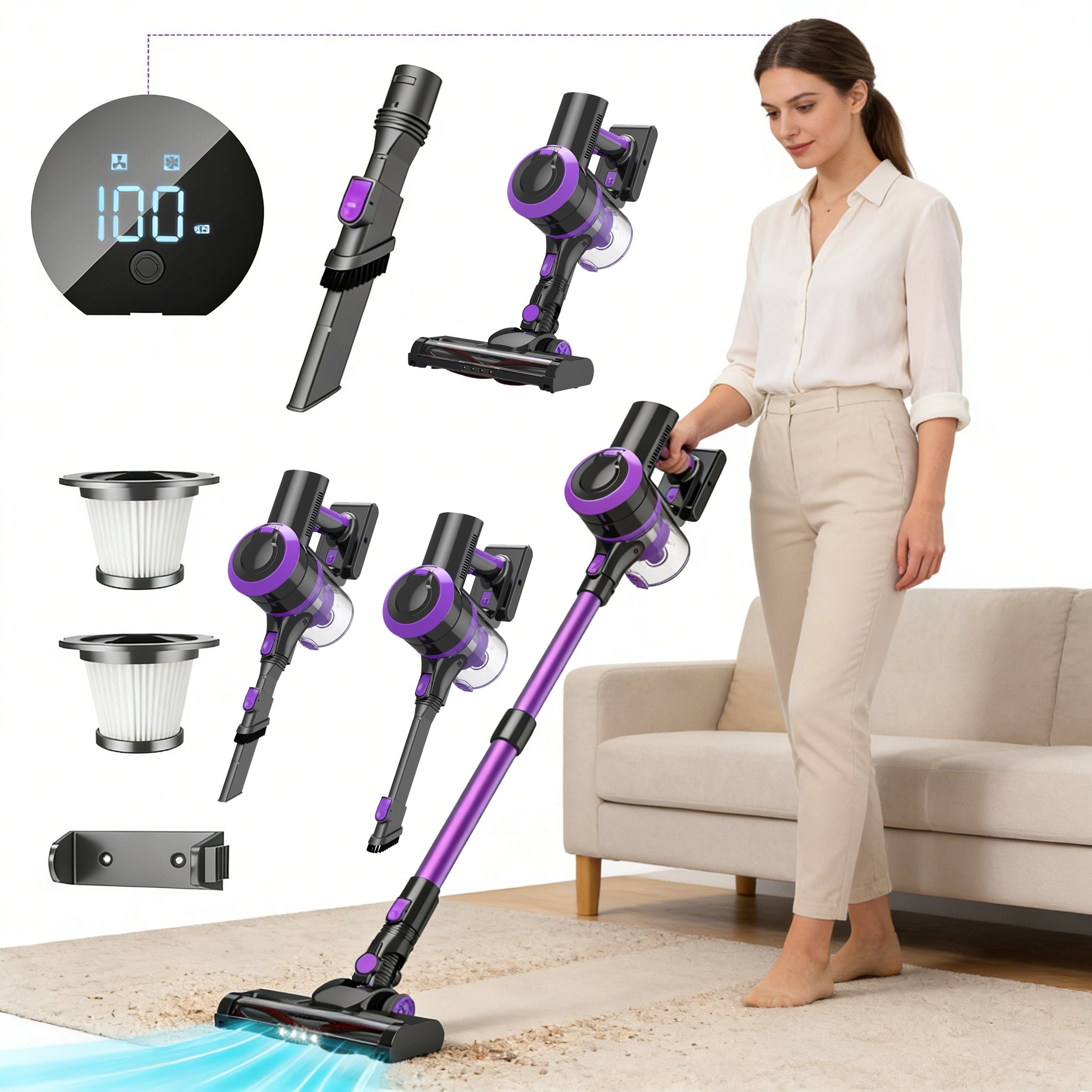 UPRIGHT VACUUM CLEANER CORDLESS HANDHELD BAGLESS 400W +2IN1 SHORT BRUSH