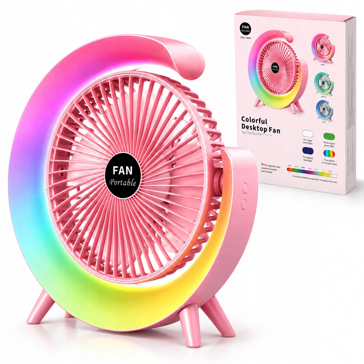 USB Desk Fan Rechargeable RGB Quiet 3 Gears Adjustable 90°