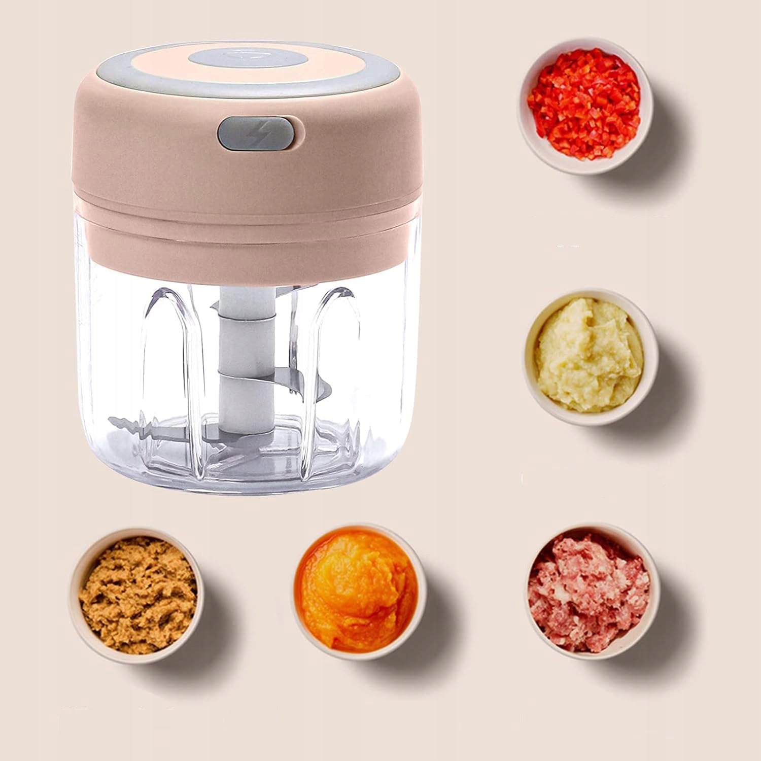 USB Rechargeable Electric Vegetable Mixer with 3 Sharp Blades 250ml Dominant color pink